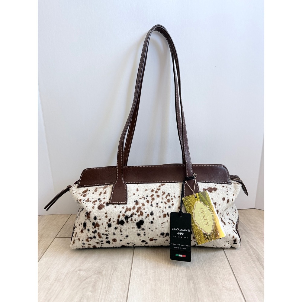 Cavalcanti Italy Spotted Cowhide Tote Shoulder Bag Leather Trim Western Boho NWT